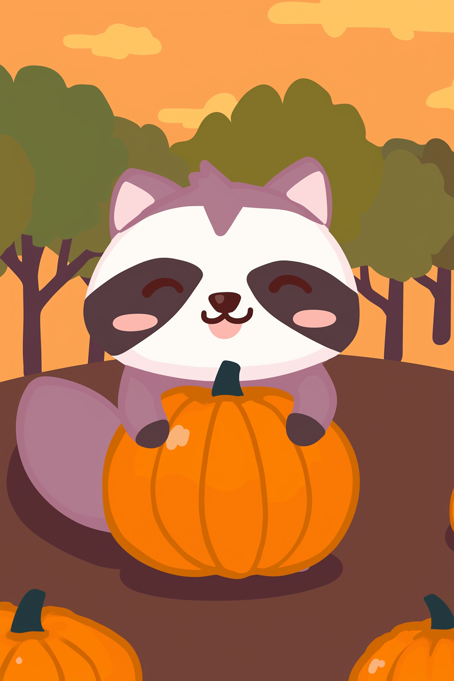 halloween cute animals drawings 2 - A cheerful raccoon sits atop a vibrant pumpkin surrounded by an autumnal forest.